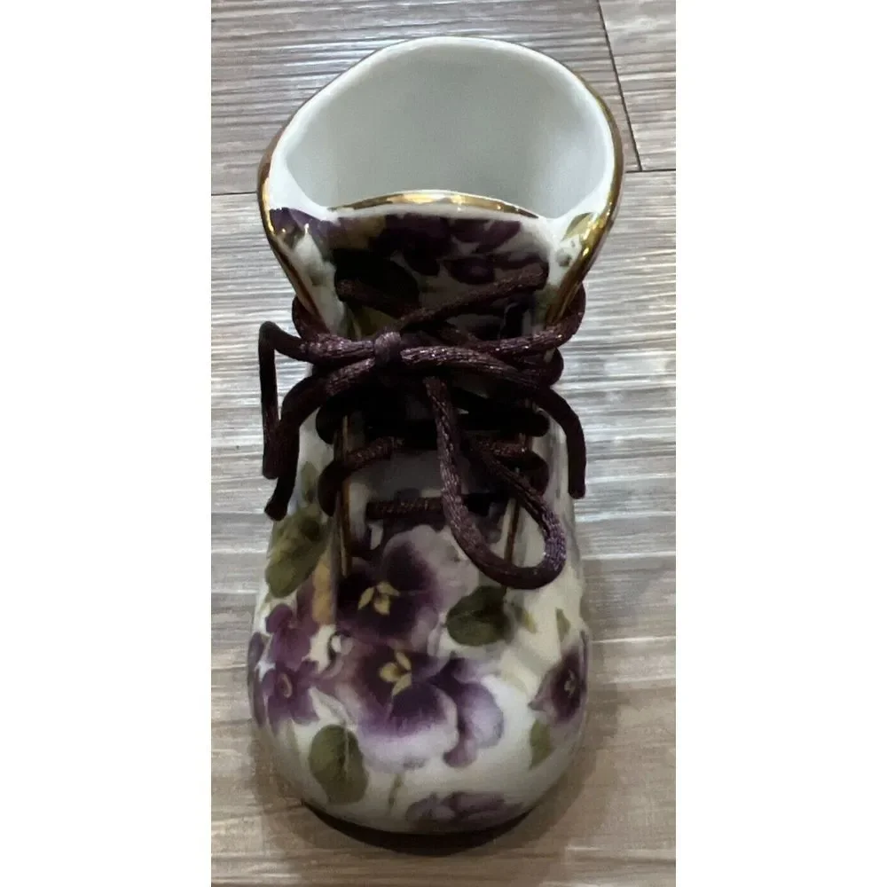 NANTUCKET HOME PORCELAIN Baby Shoe‎ with Violets, Gold Trim and Purple Lace